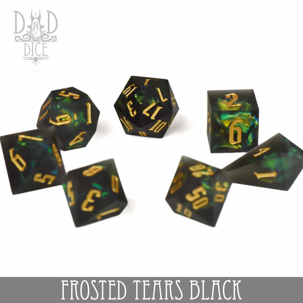 Frosted Tears Black - Handmade Dice - 7-Dice Set - Brain Spice