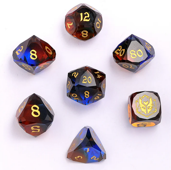 Blue & Brown - Dragons Hoard 7-Dice Set - Luster Cut Glass - Brain Spice