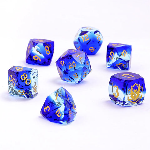 Blue & Clear Glass - Dragons Hoard 7-Dice Set - Luster Cut Glass - Brain Spice