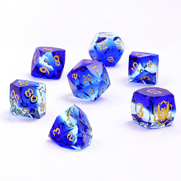 Blue & Clear Glass - Dragons Hoard 7-Dice Set - Luster Cut Glass