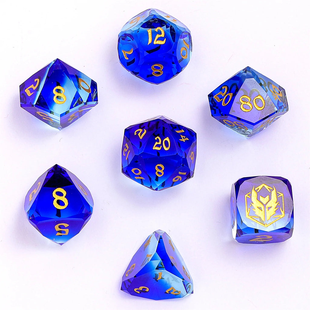 Blue & Clear Glass - Dragons Hoard 7-Dice Set - Luster Cut Glass - Brain Spice