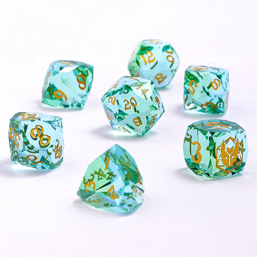 Blue & Green Glass - Dragons Hoard 7-Dice Set - Luster Cut Glass - Brain Spice
