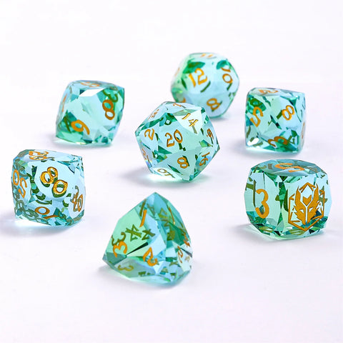 Blue & Green Glass - Dragons Hoard 7-Dice Set - Luster Cut Glass - Brain Spice