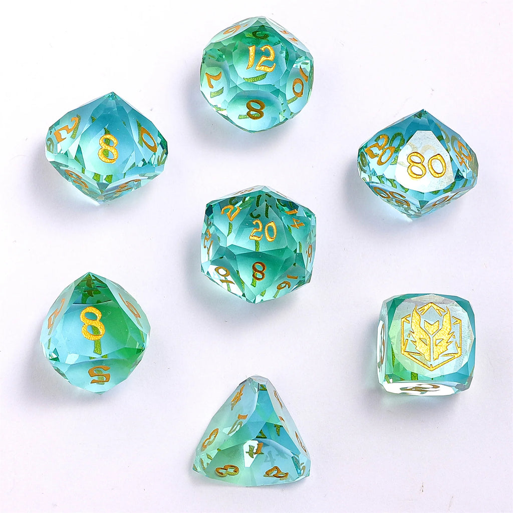 Blue & Green Glass - Dragons Hoard 7-Dice Set - Luster Cut Glass - Brain Spice