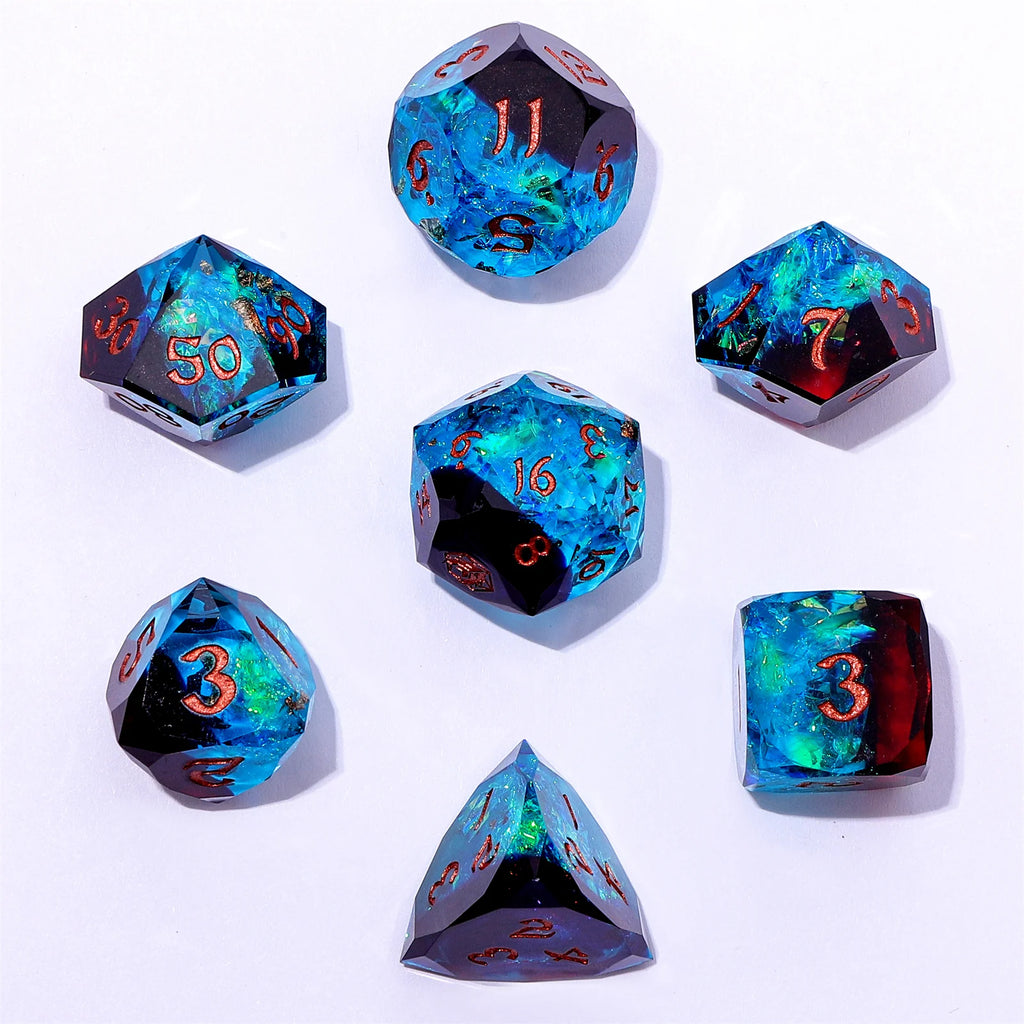 Blue & Red - Captured Magic 7-Dice Set - Luster Cut Resin - Brain Spice