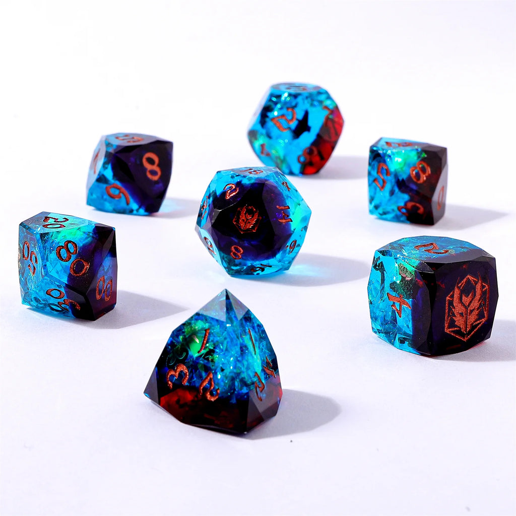 Blue & Red - Captured Magic 7-Dice Set - Luster Cut Resin - Brain Spice