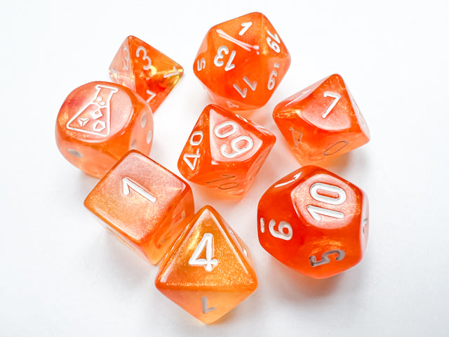 Borealis Polyhedral Blood Orange-White Luminary 7-Dice Set - Brain Spice