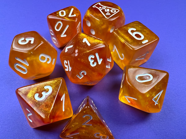 Borealis Polyhedral Blood Orange-White Luminary 7-Dice Set - Brain Spice