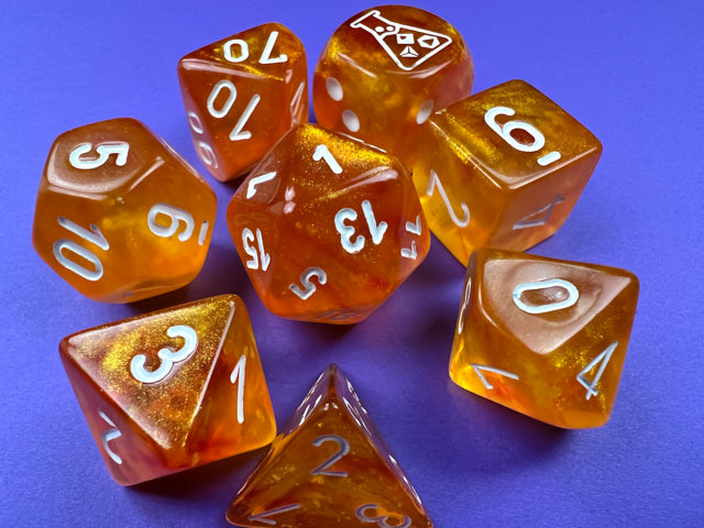 Borealis Polyhedral Blood Orange-White Luminary 7-Dice Set - Brain Spice