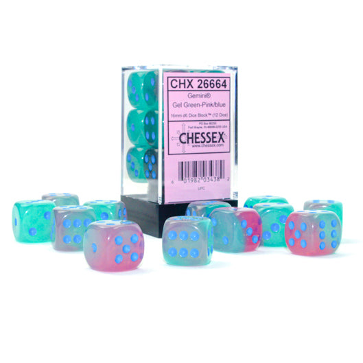 Gemini 16mm d6 Gel Green-Pink/blue Luminary Dice Block (12 dice)