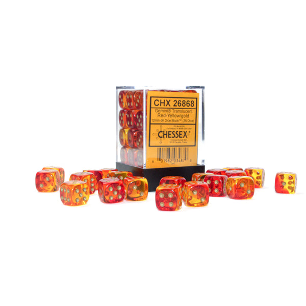 Gemini 12mm d6 Translucent Red-Yellow/Gold Dice Block (36 dice) - Brain Spice