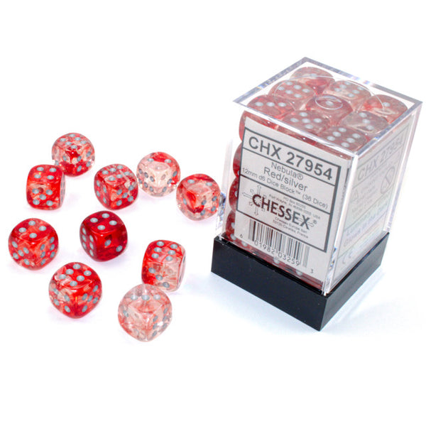 Nebula 12mm d6 Red/Silver Luminary Dice Block (36 dice) - Brain Spice