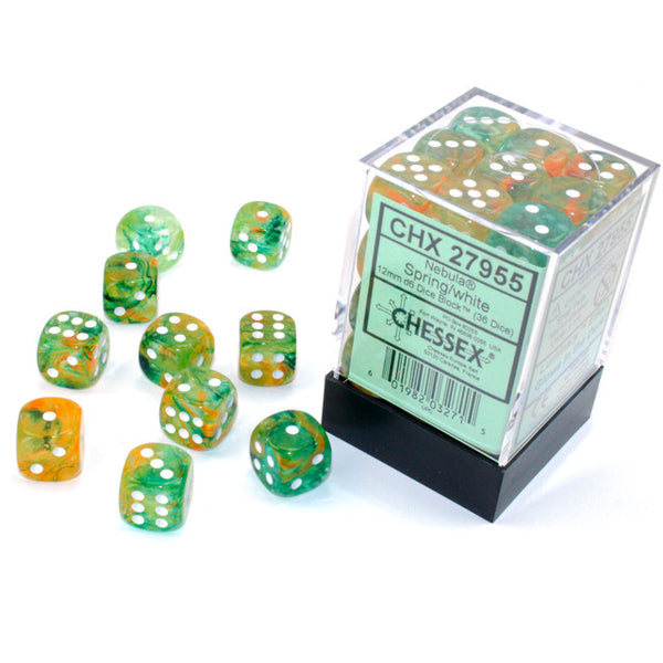 Nebula 12mm d6 Spring/White Luminary Dice Block (36 dice) - Brain Spice