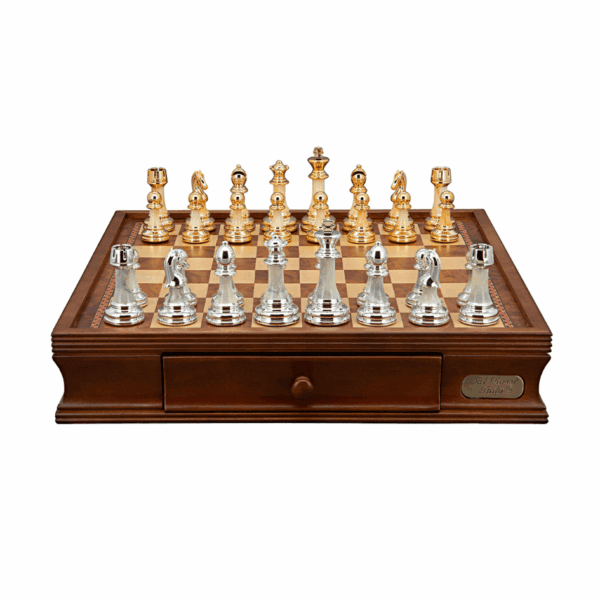 Chess Set - Gold & Silver Pieces - Walnut 16inch with drawers - Brain Spice