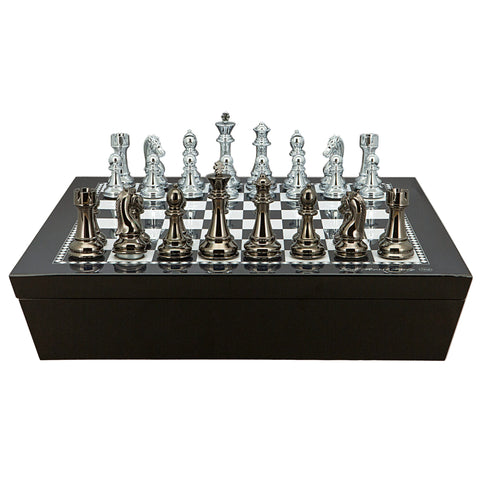 Chess Set - Silver & Dark Titanium - High Gloss Finish 20inch with compartments - Brain Spice
