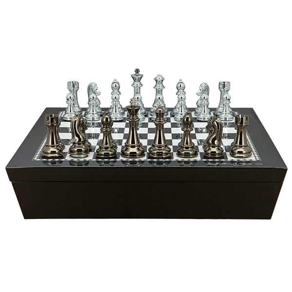 Chess Set - Silver & Dark Titanium - High Gloss Finish 20inch with compartments - Brain Spice