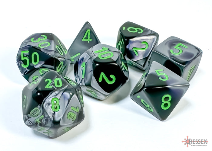 Gemini Black-Grey-Green - Polyhedral 7-Dice Set - Brain Spice