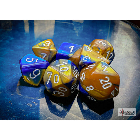 Gemini Blue-Gold-White 7 Dice Set - Brain Spice