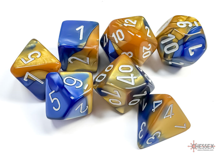 Gemini Blue-Gold-White 7 Dice Set - Brain Spice