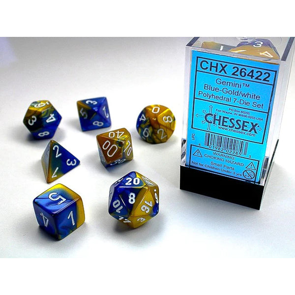 Gemini Blue-White-Gold 7 Dice Set - Brain Spice