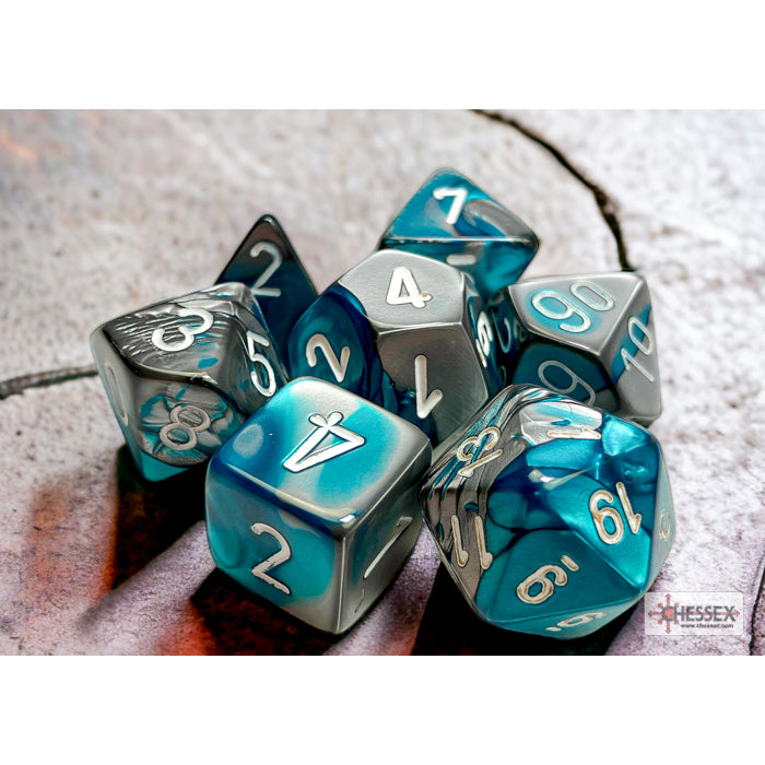 Gemini Steel-Teal-White 7 Dice Set - Brain Spice