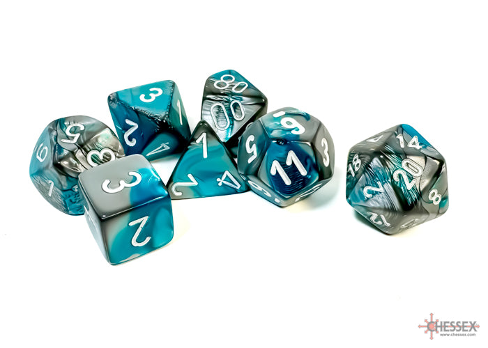 Gemini Steel-Teal-White 7 Dice Set - Brain Spice