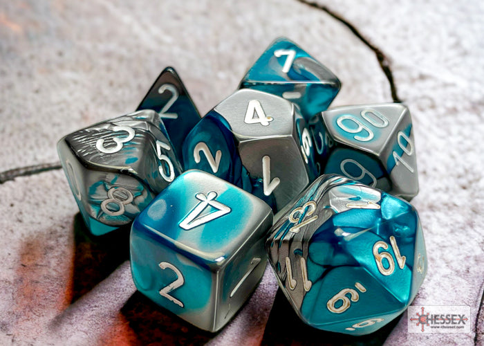 Gemini Steel-Teal-White Polyhedral 7-Dice Set - Brain Spice