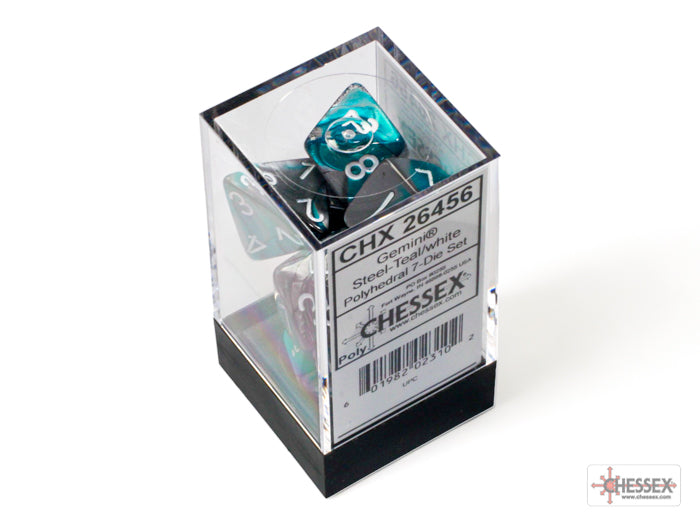 Gemini Steel-Teal-White Polyhedral 7-Dice Set - Brain Spice