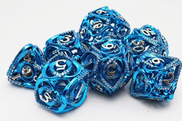Jewelled Blue Hollow Hearts 7-Dice Set