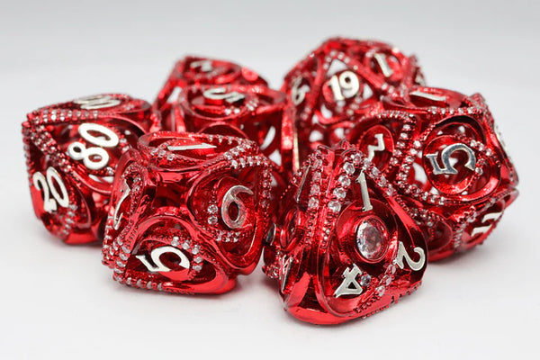 Jewelled Red Hollow Hearts 7-Dice Set