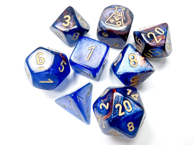 Lustrous Polyhedral Azurite-Gold 7-Dice Set - Brain Spice