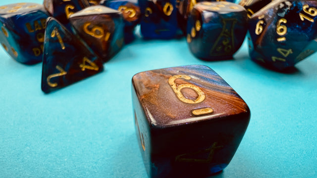 Lustrous Polyhedral Azurite-Gold 7-Dice Set - Brain Spice