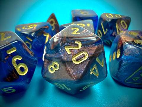 Lustrous Polyhedral Azurite-Gold 7-Dice Set - Brain Spice