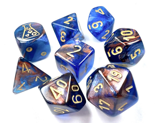 Lustrous Polyhedral Azurite-Gold 7-Dice Set - Brain Spice