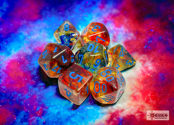 Nebula Polyhedral Primary-Blue Luminary 7-Dice Set - Brain Spice