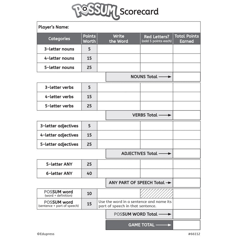 POSSUM Dice Word Game - Brain Spice