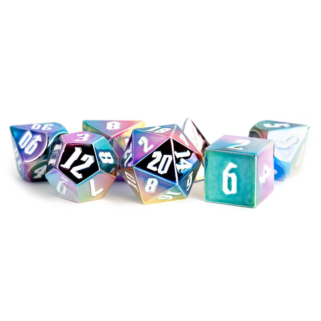 Rainbow Aeges White Aluminium Plated 7-Dice Set - Brain Spice