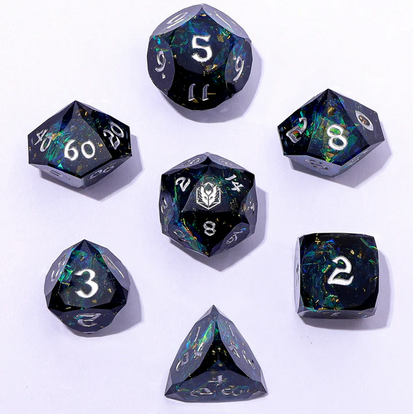 Silver Starry Night - Captured Magic 7-Dice Set - Luster Cut Resin - Brain Spice