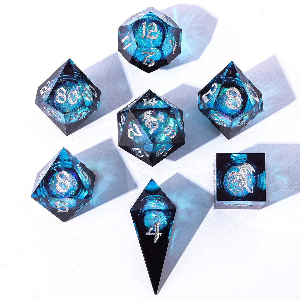Twilight Azure - Captured Magic 7-Dice Set - Liquid Core Sharp Edge Resin - Brain Spice