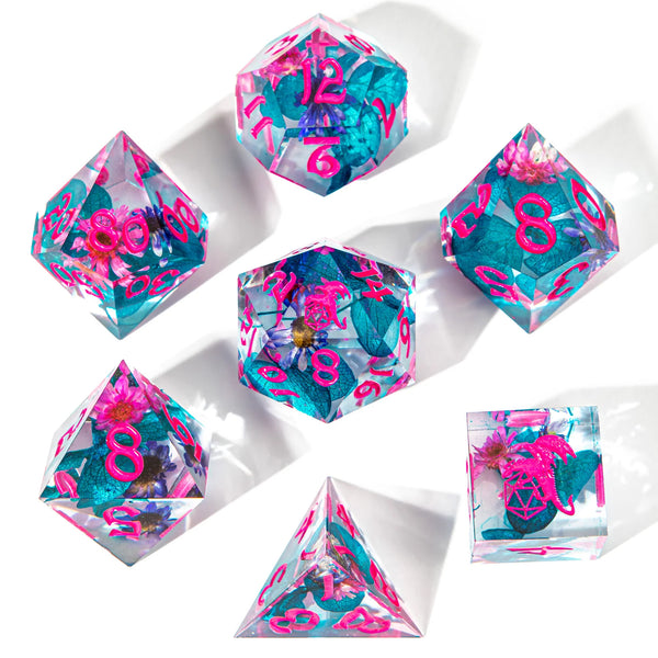 Vapour Wave Blossom - Captured Magic 7-Dice Set - Hand Sanded Sharp Edge Resin - Brain Spice