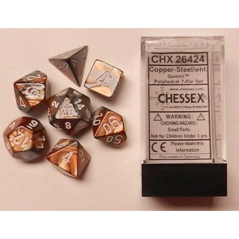 Gemini Copper-Steel-White 7-Dice Set - Brain Spice